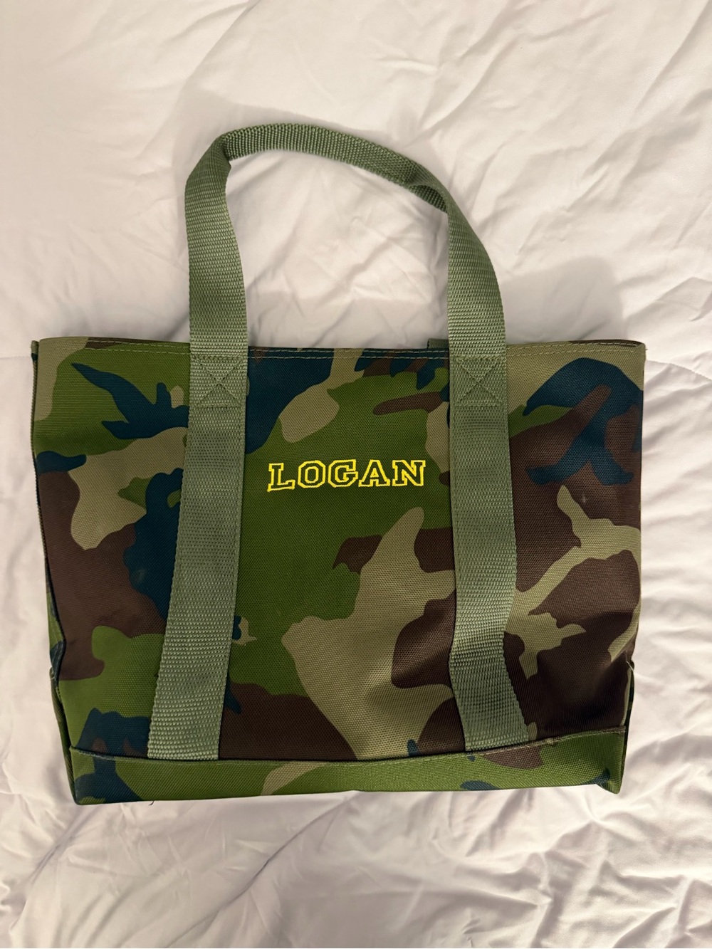 L.L. Bean Green Camo Duffel with Yellow LOGAN Embroidery